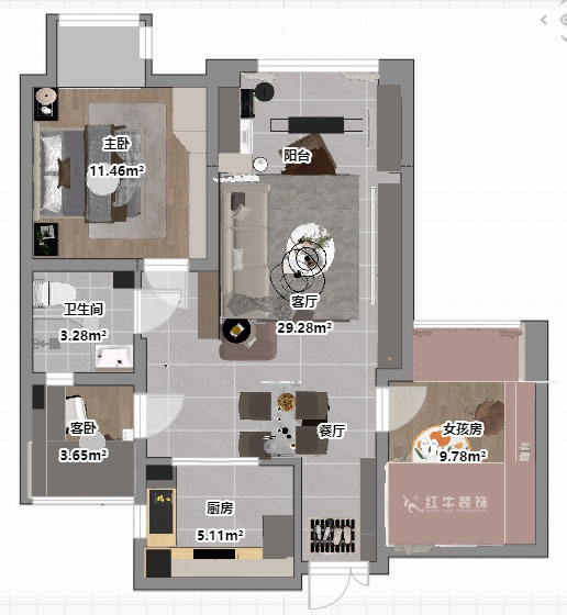 魏明花|金陵灣6幢2-503-89㎡-現(xiàn)代簡約風(fēng)格|3室2廳1衛(wèi)|二手房裝修|定制家|全包12萬|00_03平面彩圖