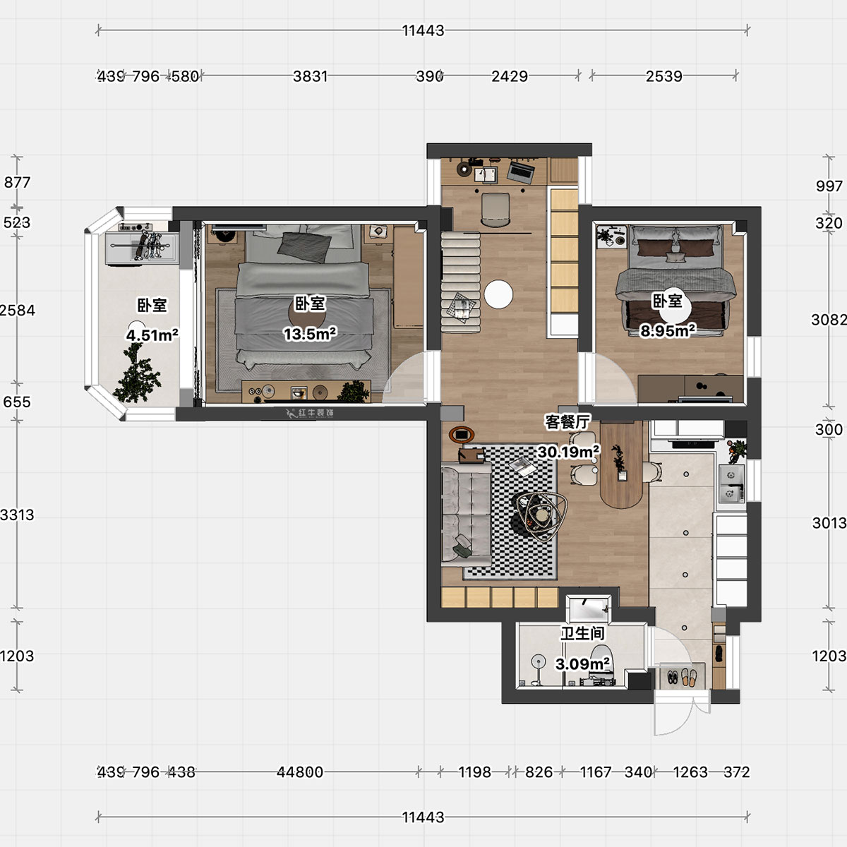 顧娟|鎖金二村21-1105-77㎡-現(xiàn)代風(fēng)格|2室2廳1衛(wèi)|舊房裝修|定制家|全包11萬|00_04平面彩圖