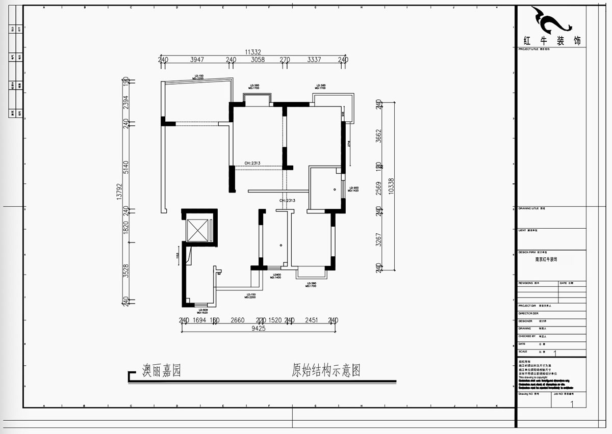 魏利利|澳麗嘉園6-1004-128㎡-現(xiàn)代中古風|3室2廳2衛(wèi)|老房改造|定制家|全包17萬|00_01原始結構示意圖