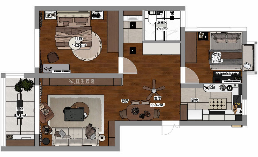 朱明琪|時光澔韻3-2-902-90㎡-現(xiàn)代中古風(fēng)|2室2廳1衛(wèi)|老房裝修|定制家|全包13萬|00_03平面彩圖