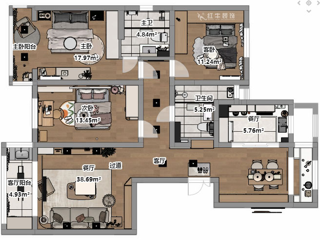 朱彥|凱悅天琴2-3-1106-140㎡-現代簡約風格|3室2廳2衛(wèi)|老房改造|定制家|全包18萬|00_03平面彩圖