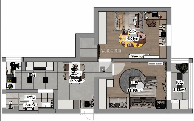 魏明花|公教一村16-603-68㎡-現(xiàn)代簡約風(fēng)格|2室1廳1衛(wèi)|二手房裝修|定制家|全包9萬|00_03平面彩圖