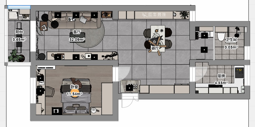 魏明花|衛(wèi)橋新村17-502-70㎡-現(xiàn)代簡(jiǎn)約風(fēng)格|1室2廳1衛(wèi)|二手房裝修|定制家|全包9萬(wàn)|00_03平面彩圖