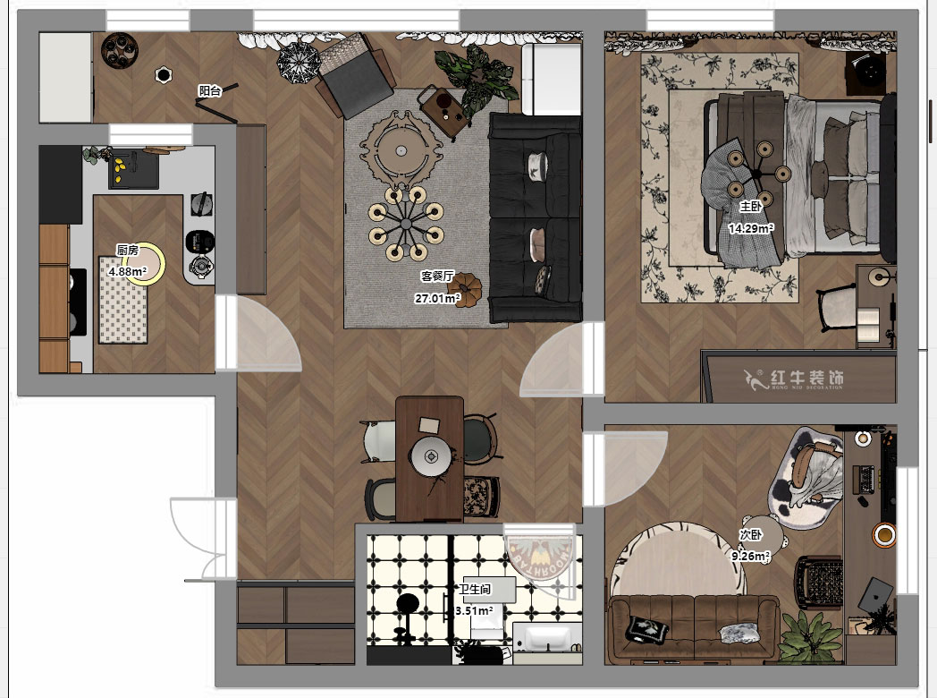 朱明琪|朗詩國際街區(qū)(中園)6-401-100㎡-中古風(fēng)|2室2廳1衛(wèi)|老房裝修|定制家|全包10萬|00_03平面彩圖