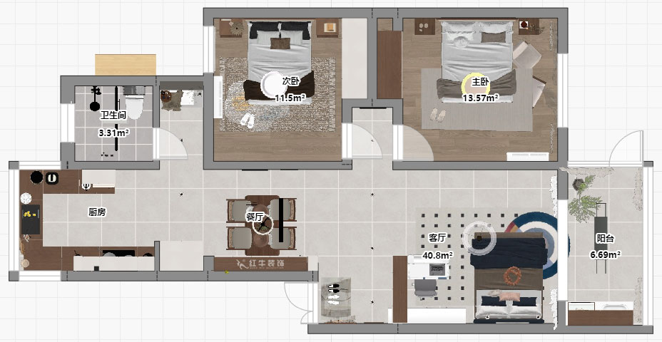 朱明琪|美河園1-2-101-90㎡-現(xiàn)代風(fēng)格|2室1廳1衛(wèi)|老房改造|定制家|全包11萬(wàn)|00_03平面彩圖