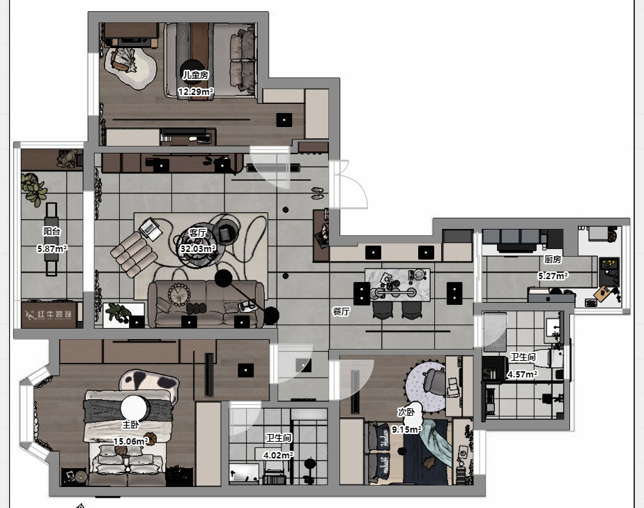 蔣?。汩坷?-2-901-108㎡-現(xiàn)代簡(jiǎn)約風(fēng)格｜3室2廳2衛(wèi)｜老房裝修｜定制家｜全包16萬(wàn)｜00_03平面彩圖