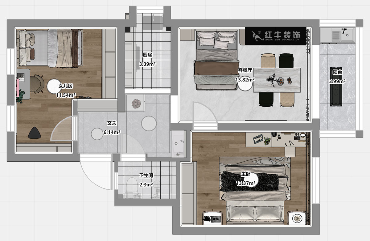 仇美蓉|太平橋南38號1-601-67㎡-簡約風格|2室1廳1衛(wèi)|老房裝修|定制家|全包8萬|00_03平面彩圖