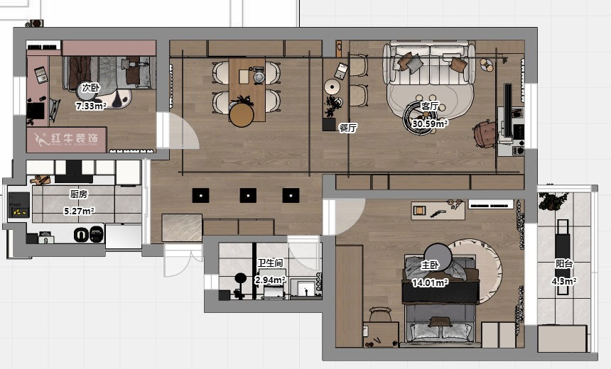 劉小勇|龍?bào)粗新?66號401室-83㎡-現(xiàn)代簡約風(fēng)格|2室2廳1衛(wèi)|老房裝修|定制家|全包10萬|00_03平面彩圖