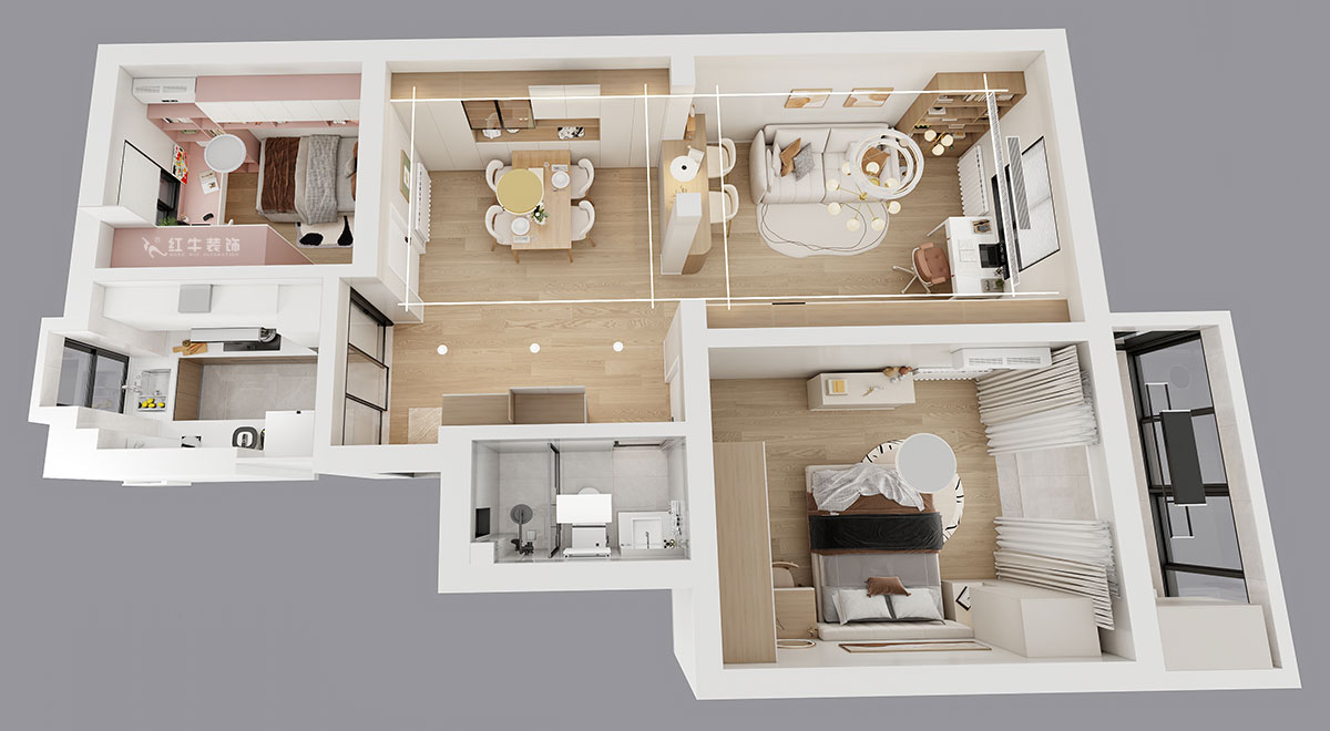 劉小勇|龍?bào)粗新?66號401室-83㎡-現(xiàn)代簡約風(fēng)格|2室2廳1衛(wèi)|老房裝修|定制家|全包10萬|00_04鳥瞰圖