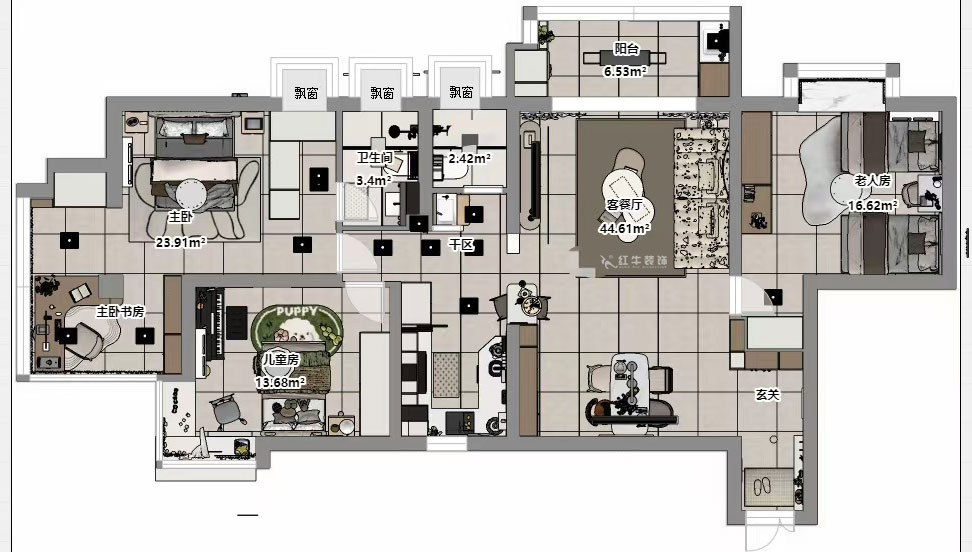 孟憲濤|龍園北路80號1-2706-130㎡-現(xiàn)代簡約風(fēng)格|4室2廳2衛(wèi)|老房裝修|定制家|全包16萬|00_03平面彩圖