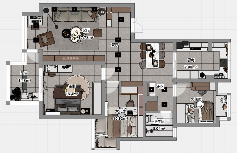 蔣?。f達華府西苑6-401-106㎡-現(xiàn)代簡約風格｜3室2廳1衛(wèi)｜老房裝修｜定制家｜全包13萬｜00_03平面彩圖