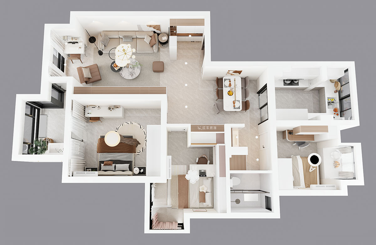 蔣?。f達華府西苑6-401-106㎡-現(xiàn)代簡約風格｜3室2廳1衛(wèi)｜老房裝修｜定制家｜全包13萬｜00_04鳥瞰圖