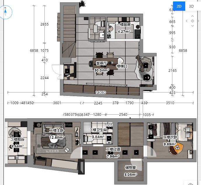 蔣?。ヌ陨郴ǔ?-1905-105㎡-現(xiàn)代簡約風(fēng)格｜復(fù)式｜2室2廳2衛(wèi)｜老房裝修｜定制家｜全包13萬｜00_05平面彩圖