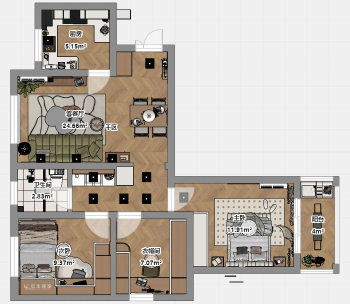 蔣?。y龍雅苑11-3-212-85㎡-現(xiàn)代原木風｜3室1廳1衛(wèi)｜新房裝修｜定制家｜全包11萬｜00_03平面彩圖
