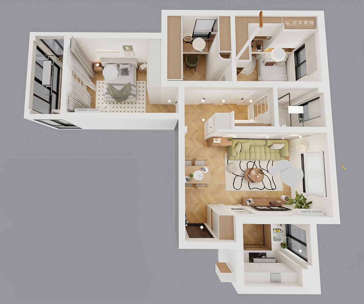 蔣?。y龍雅苑11-3-212-85㎡-現(xiàn)代原木風｜3室1廳1衛(wèi)｜新房裝修｜定制家｜全包11萬｜00_04鳥瞰圖
