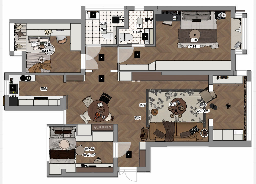 朱明琪|金地自在城8街區(qū)5-1-501-111㎡-中古風(fēng)|3室1廳2衛(wèi)|老房裝修|定制家|全包15萬(wàn)|00_03平面彩圖
