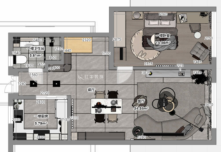 吳波|華府國際43-1-707-148㎡-輕法風(fēng)格|復(fù)式|4室2廳3衛(wèi)|舊房裝修|定制家|全包18萬|00_05一樓平面彩圖