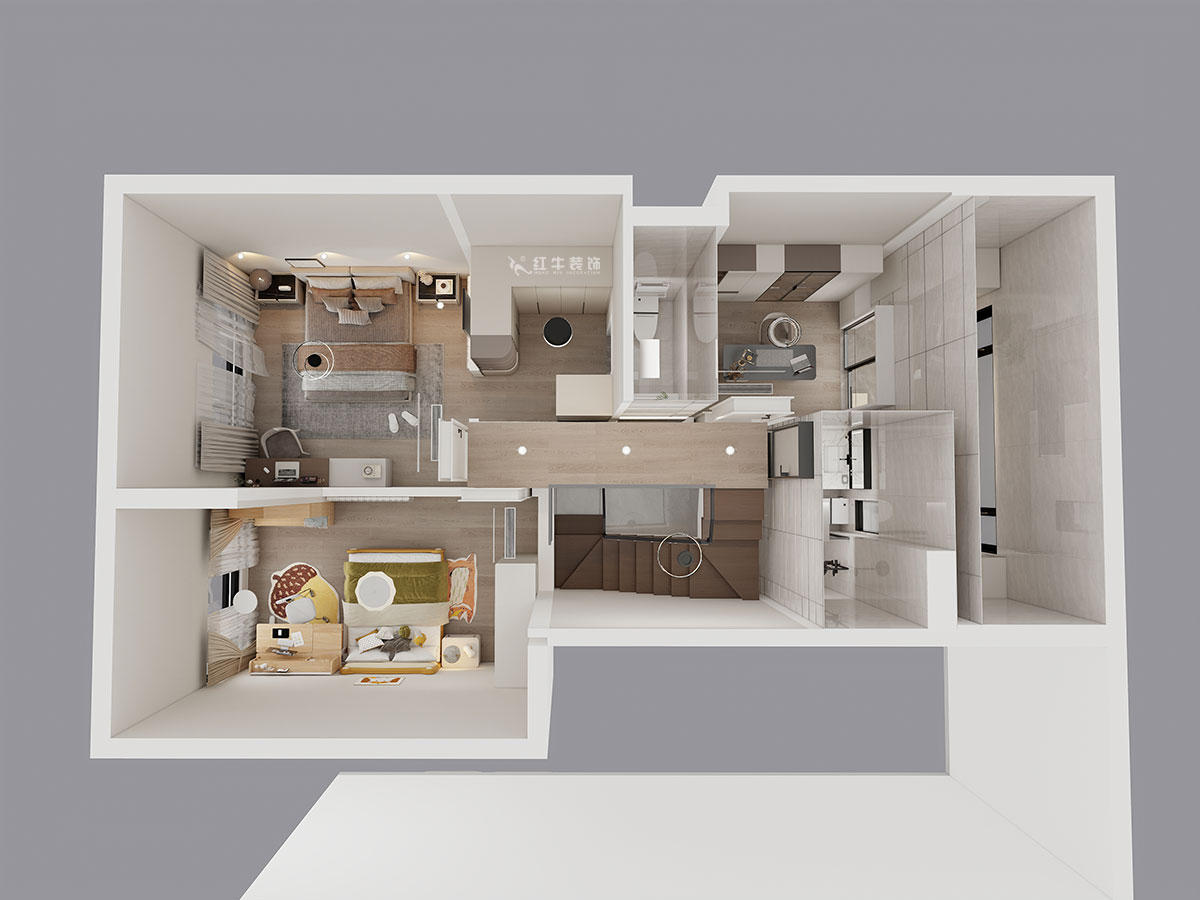 吳波|華府國際43-1-707-148㎡-輕法風(fēng)格|復(fù)式|4室2廳3衛(wèi)|舊房裝修|定制家|全包18萬|00_08二樓鳥瞰圖