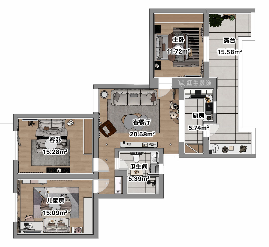 吳波|清江花苑-清風(fēng)園7-4-601-94㎡-現(xiàn)代簡約風(fēng)格|3室1廳1衛(wèi)|舊房裝修|定制家|全包12萬|00_03平面彩圖