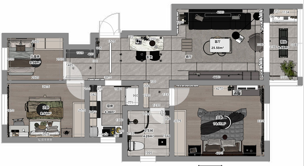 蔣?。自蒲啪?1-202-88㎡-現(xiàn)代簡約風(fēng)格｜3室2廳1衛(wèi)｜新房裝修｜定制家｜全包11萬｜00_03平面彩圖