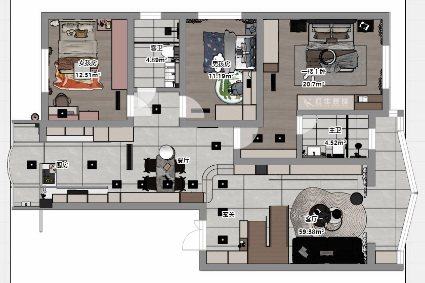仇美蓉|梅花山莊36-3-605-132㎡-簡約風(fēng)格|3室2廳2衛(wèi)|老房裝修|定制家|全包18萬|00_05平面彩圖