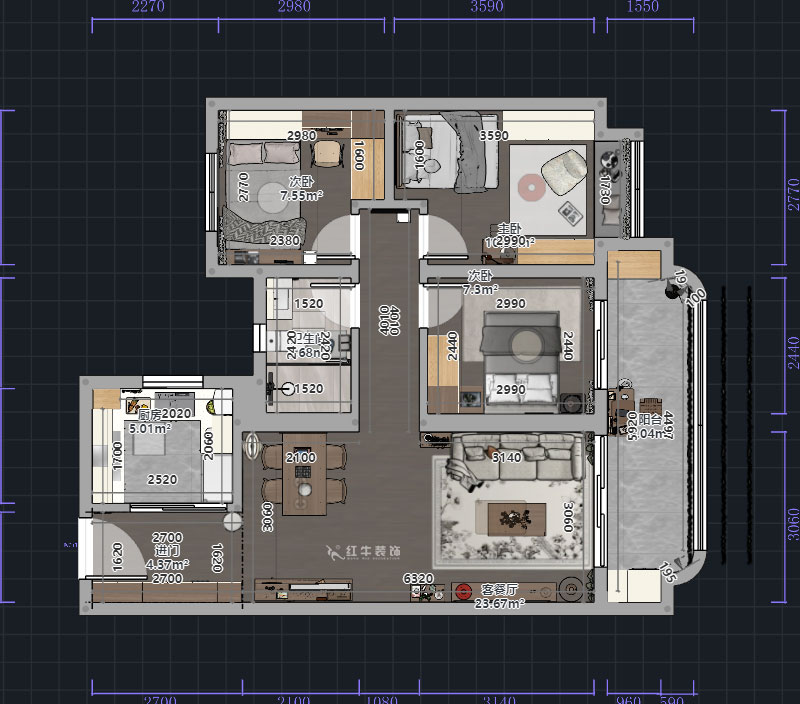 熊皓宇|高科紫堯星院-90㎡-現(xiàn)代原木風(fēng)|3室2廳1衛(wèi)|精裝修改造|00_01平面彩圖