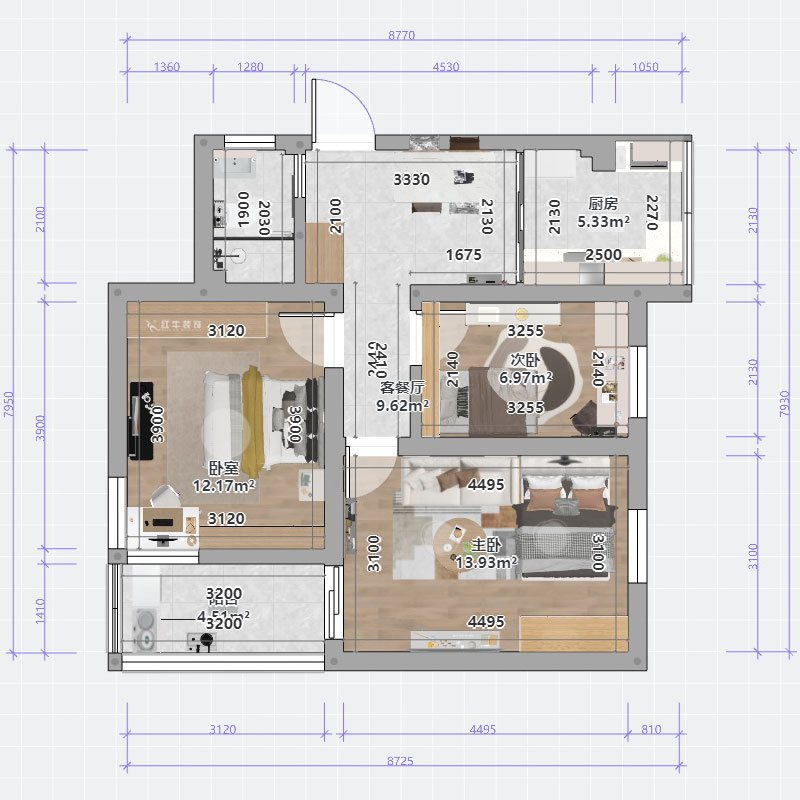 蔣?。少t街92號院9-301-68㎡-現(xiàn)代簡約風(fēng)格|3室1廳1衛(wèi)|老房裝修|定制家|全包10萬|00_03平面彩圖