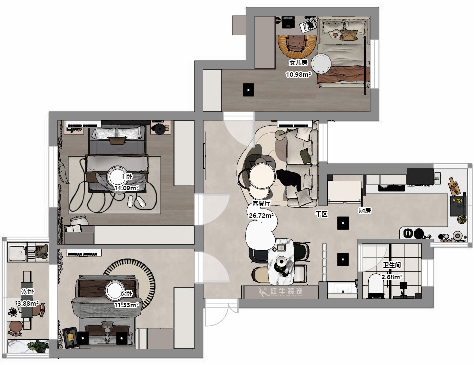 朱明琪|明月新寓花園12-102-85㎡-現(xiàn)代簡約風格|3室1廳1衛(wèi)|老房改造|定制家|全包11萬|00_03平面彩圖