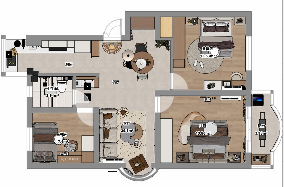 仇美蓉｜裕華新村2-3-406-86㎡-簡(jiǎn)約風(fēng)格｜3室2廳1衛(wèi)｜老房裝修｜定制家｜全包10萬(wàn)｜00_03平面彩圖